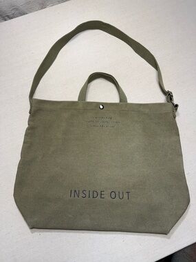 Olive Green Canvas Tote Bag Crossbody Strap Minimalist “Inside Out” Cotton